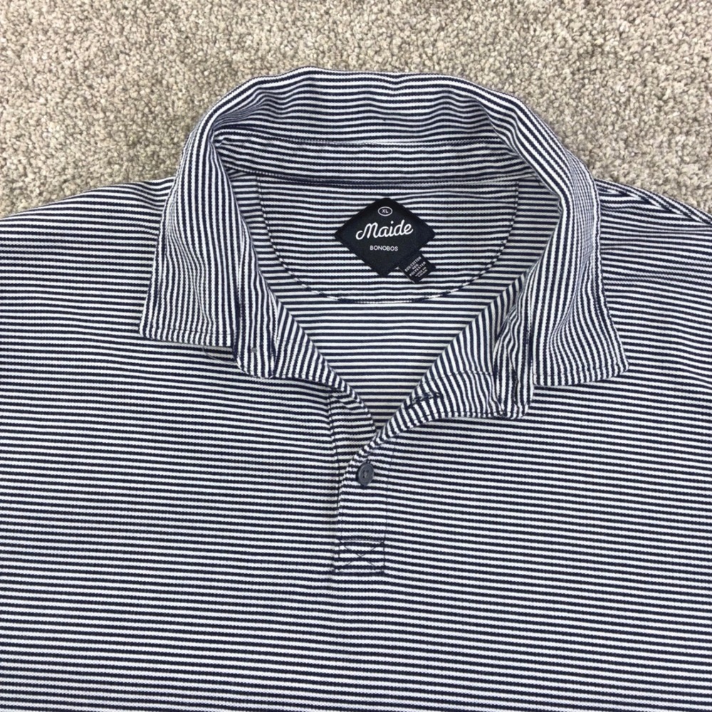 Maide Bonobos Mens XL Navy White Stripe Golf Polo‎ Shirt Short Sleeve Gorpcore